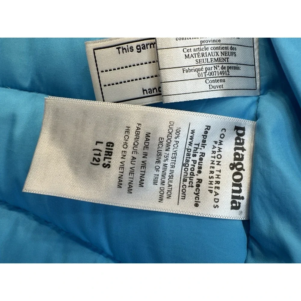 Patagonia Girls Size Large 12 Down Vest Blue Puffer Full Zip